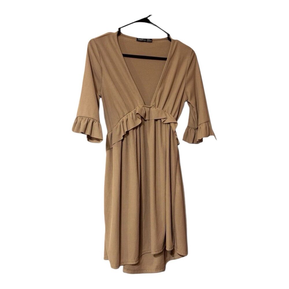 Boohoo Women's Low Cut Ribbed Ruffle Smock Dress Mini Beige Size 4